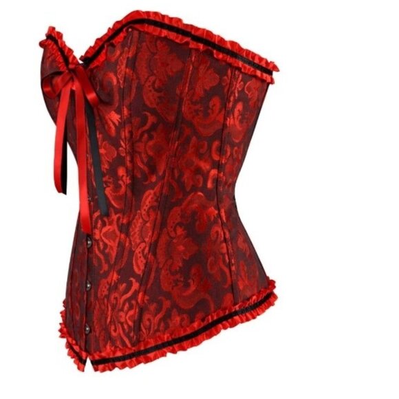 Women's Lace Up Boned Overbust Corset Body shaper top Red an Black - Picture 2 of 5